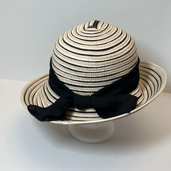 Preston & York Floppy Straw Sun Hat Black and Tan and Cream Striped - Picture 3 of 10